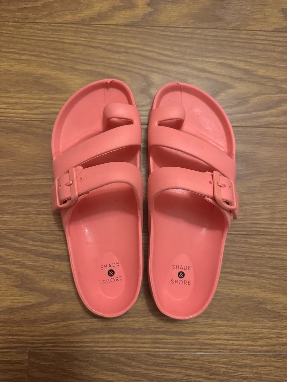 Shade & Shore Womens Coral-Pink Dual Strap Slide Sandals
